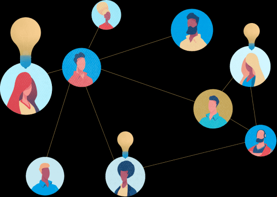 ilustração com rostos de pessoas dentro de pequenos circulos interligados
