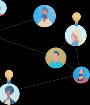 ilustração com rostos de pessoas dentro de pequenos circulos interligados